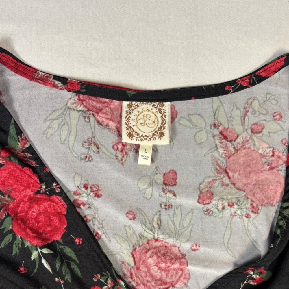Rousseau Women Red Rose Floral Peplum Top V-Neck Button Front Tie Sleeve Large - Picture 3 of 9